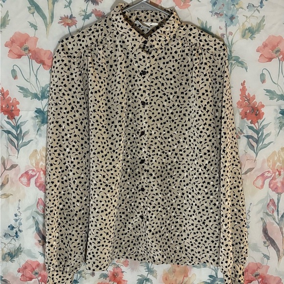 Russ Tops - Vintage Russ Black and Cream Geometric Print Blouse